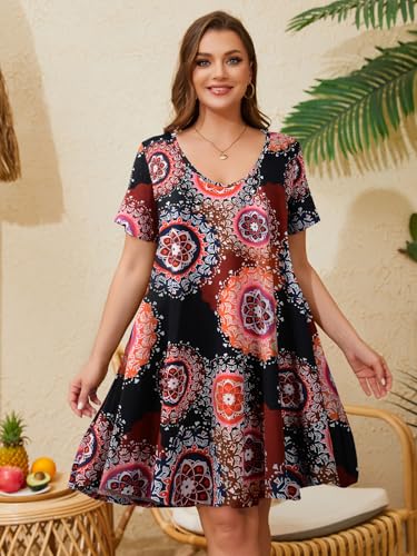 Image of ZENNILO Women's Plus Size Swing Dress with Pockets Casual Summer Dresses V Neck Short Sleeve T Shirt Dress for Women