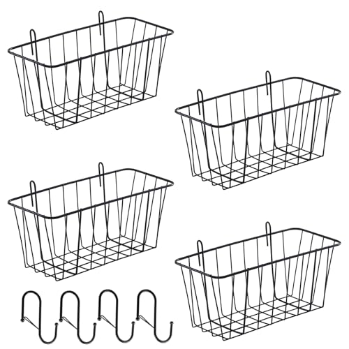 4 Pack Large Grid Wall Baskets with S-Hook - Gridwall Accessories Set Black Metal Hanging Shelf Basket Bins Organizer - Modular Storage Holders for Photo Display Panel Shelving Caddy for Garage