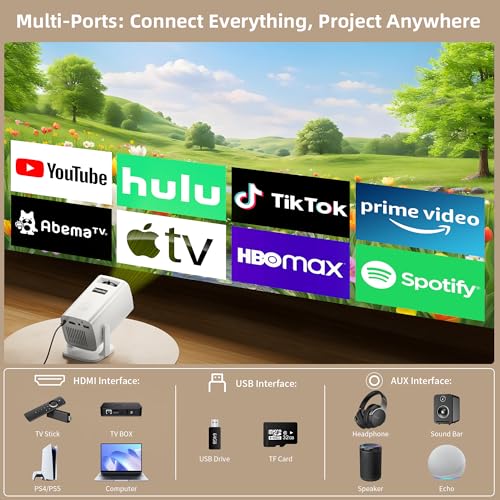 Image of Mini Projector, Portable Projector 4K & Full HD 1080P Support, 270 Rotation Outdoor Projector, Movie Projector Compatible with Smartphone, TV Stick, Laptop, PS4, HDMI, USB