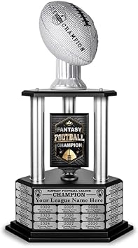 TrophySmack Perpetual Fantasy Football Trophy - Customizable Championship Trophy Award Winner | Free Engraving up to 19 Years Past Winners, 26 Inch Tall (Silver)