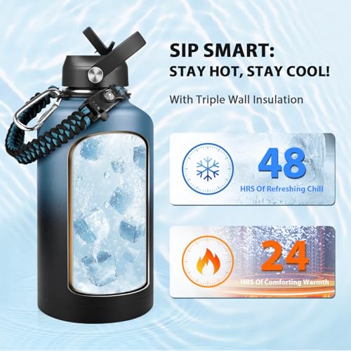 Image of One Gallon Insulated Water Bottle, Triple Wall 128 oz Stainless Steel Wide Mouth Water Bottles (Cold for 48 Hrs), Leak Proof, Non-BPA, Large Water Flask Jug with Paracord Handle & Straw Spout Lids