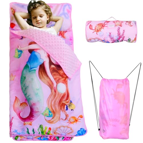 Lydaz Toddler Nap Mat with Pillow and Blanket, Sleeping Bag for Preschool, Large Mermaid Sleep Mats for Kids Daycare, Rollup Design Slumber Bag for Travel, Camping, Birthday Gift for Girl Age 3-7 Year
