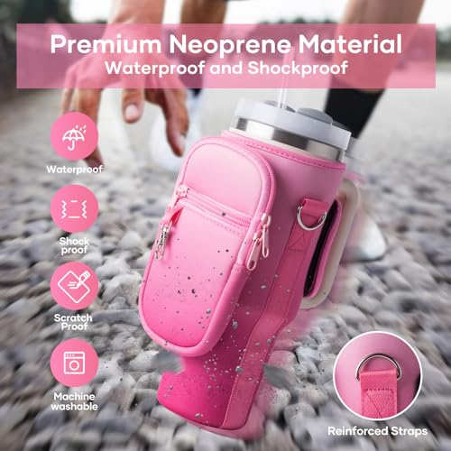 Image of linmaya Water Bottle Carrier Bag with Phone Pocket for Stanley Cup 40 /30oz,Insulated Neoprene Water Bottle Holder Cross-boday Bag with Adjustable Shoulder & Handheld Strap Stanley Cup Accessories