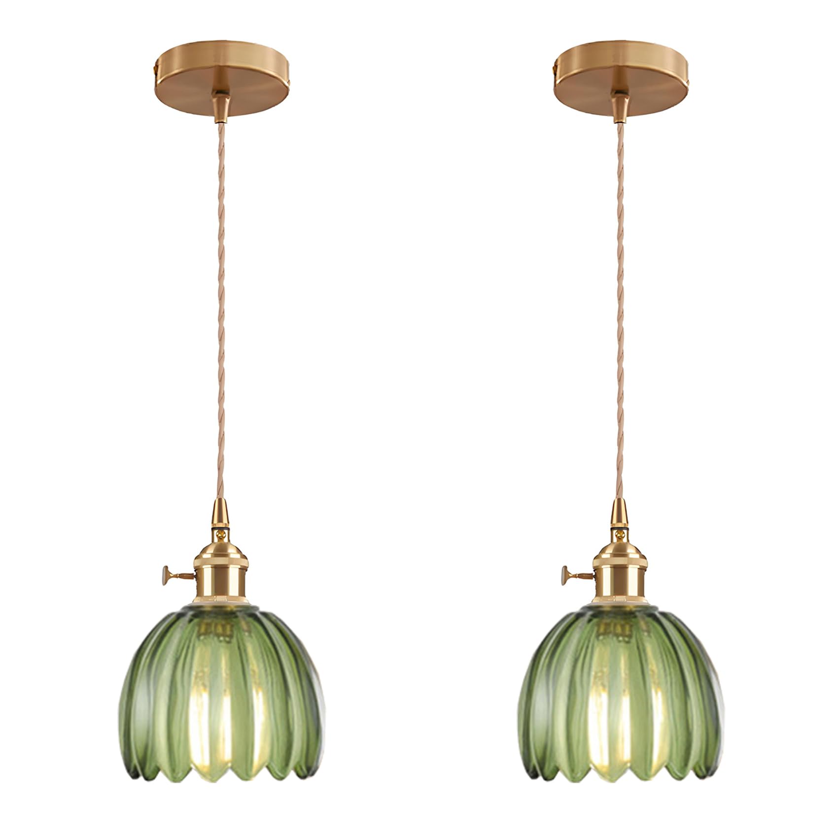 EKSED Lampada a Sospensione Vintage in Vetro con Attacco E27 e Interruttore Rotante, Paralume a Forma di Petalo per Cucina, Sala da Pranzo o Camera da Letto (verde, 2 pezzi)