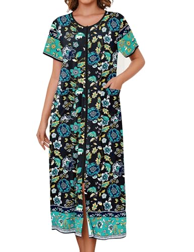 Image of Bloggerlove Zipper Front Robes for Women House Coat Half Sleeve Loungewear Long Nightgown with Pockets S-3XL