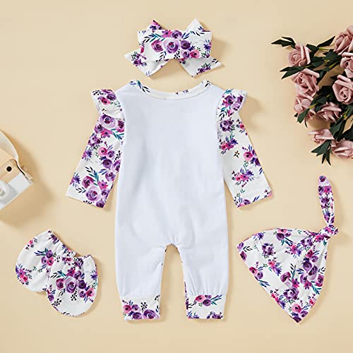 GRNSHTS Newborn Baby Girl Romper Infant Letter Print Jumpsuit Floral Bodysuit+Hat+Headband+Gloves Coming Home Clothes Outfits3