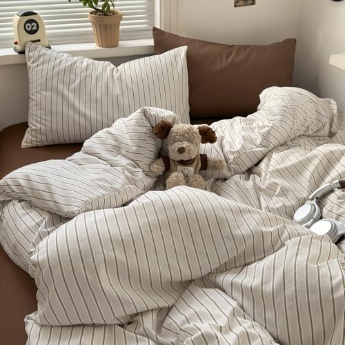 Image of EAVD Retro Striped Duvet Cover Full Brown&White Washed Microfiber 3-Piece