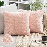 MIULEE Pack of 2 Decorative Throw Pillow Covers Luxury Faux Fuzzy Fur Super Soft Cushion Pillow Case Decor Peach Pink Cases for Couch Sofa Bedroom 18 x 18 Inch 45 x 45 cm