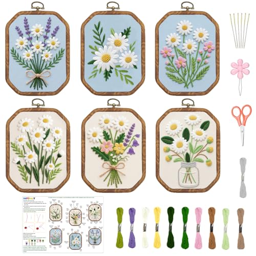Image of INFUNLY 6 Sets Daisy DIY Embroidery Kit for Adult Octagon Lavender Stamped Embroidery Starter Kit 11.8x11.8 Vintage Flowers Hand Stitching Needlework Set with Step-by-Step Instruction