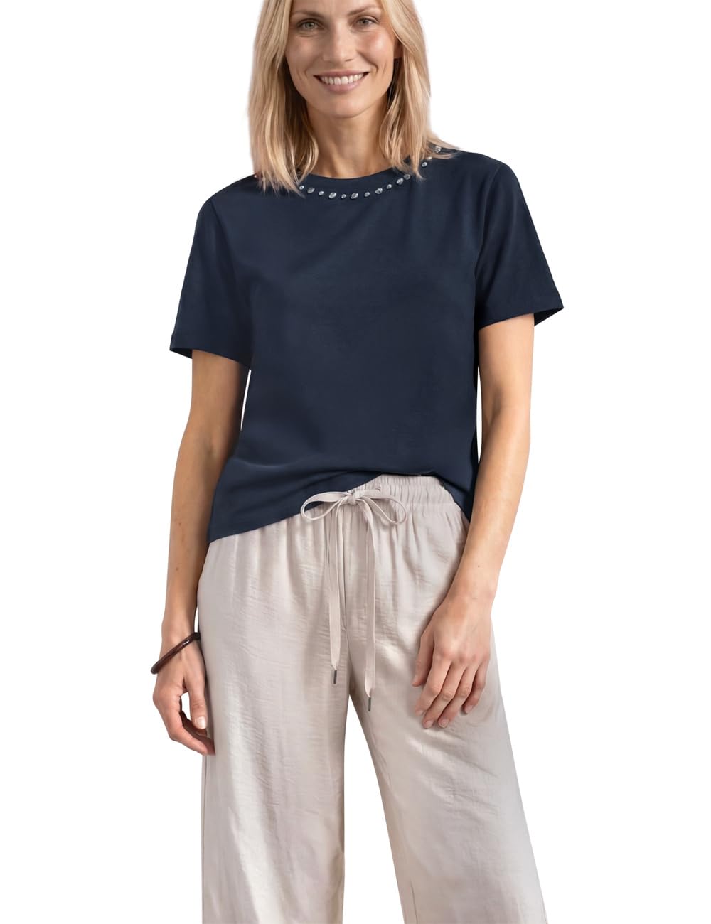 Street One T-Shirt with Crew Neck and Decorative Details Darkest Blue 44