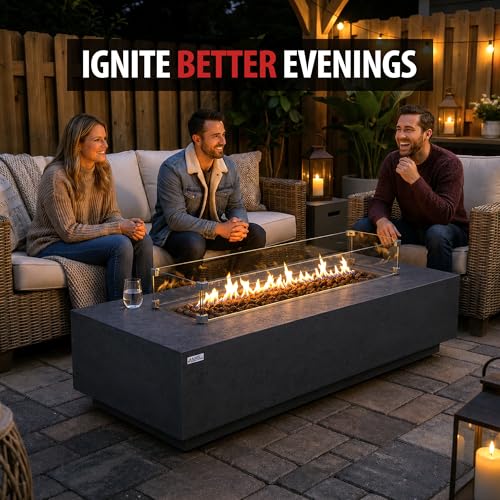 Image of AMS Creations | Savanah 72 inch Rectangular Cast Concrete Natural Gas Fire Pit Table | Dark Gray | Travertine Texture Surface | Electronic Ignition | Outdoor Patio Heater Outside Backyard Fireplace