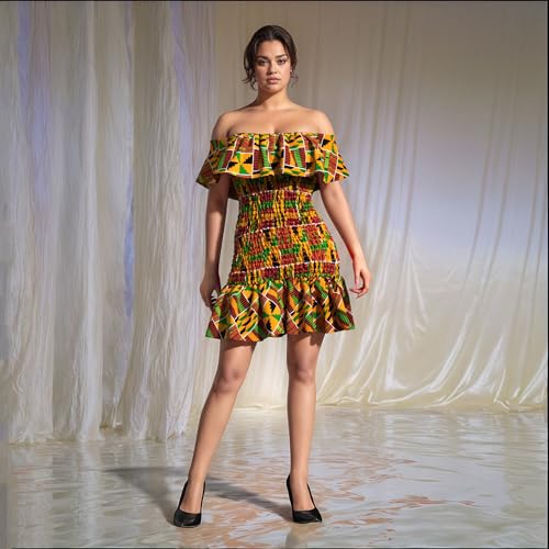 Image of iooiooi Women's Bodycon Dress Off Shoulder Ruffle Elasticated Ankara Dresses Summer African Print Dresses