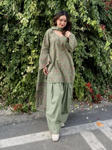 Image of ANNI Designer Farshi Salwar Suit for Women Cotton Printed | Kurta Dupatta Set for Woman | Straight Palazzo Outfit Round Neck V-Slit Long Sleeve Ethnic Dress Stylish Womens Clothing