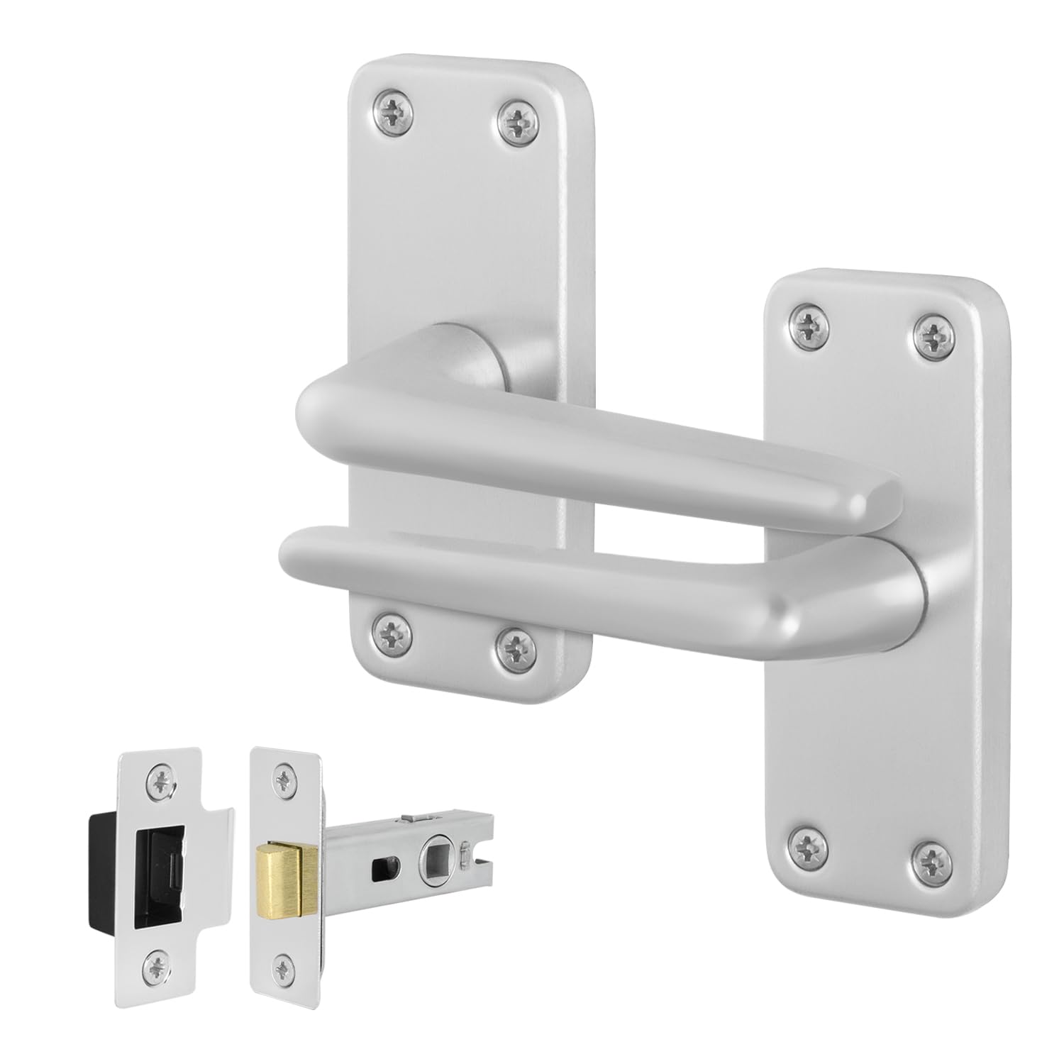 EAI Satin Aluminium Door Handles and Latch 64mm Kit, Latch Handle on Backplate Contract Style Satin Finish - 104x41mm