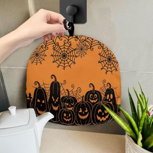 Image of Hudotybom Spider Web Tea Cozy for Teapots Halloween Pumpkin Lantern Tea Cozy Teapot Protector Insulated Teapot Covers Keep Warm