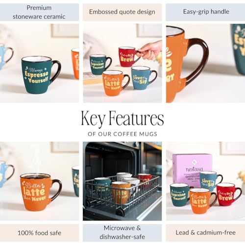Image of Nestasia Ceramic Coffee Mugs Set of 4 (210ml Each) - Quirky Quotes Tea & Coffee Cups with Glossy Finish | Microwave & Dishwasher Safe Cups - Ideal for Gifting (Colourful)
