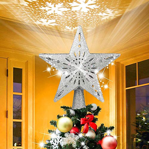 Weihnachtsbaumspitze Stern Christbaumspitze LED Drehen Schneeflocke 3D Hohl Star Beamer Lichter für Feiertags-Dekorationen,Silber