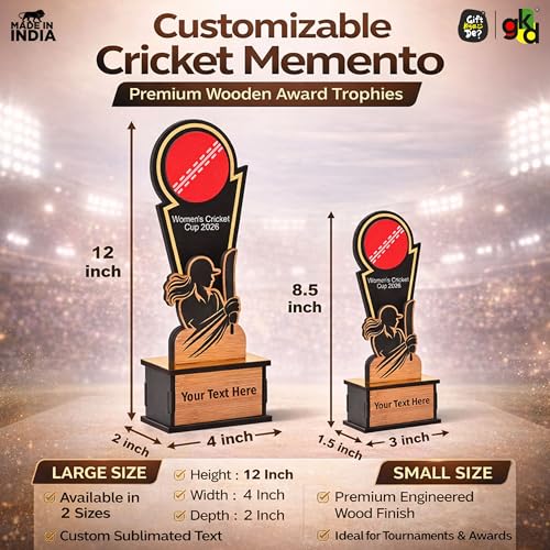 Image of GKD Wooden Cricket Trophy for Winners - Women's Cricket Cup Memento for Tournaments, Corporate Events & School Competitions | Self-Customizable with Stickers (Women 8.5 Inch)