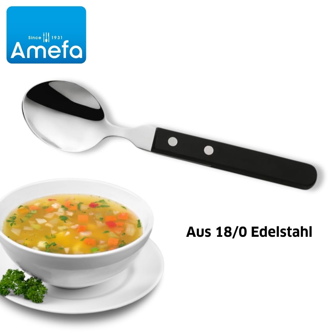 Amefa PIZZA 7000 - Set di cucchiai per pizza/bistecca per 6 persone, manico nero, in acciaio inox 18/0, lucidato e antiruggine, 2 manici rivettati in legno di Pakka, posate da bistecca, set di posate