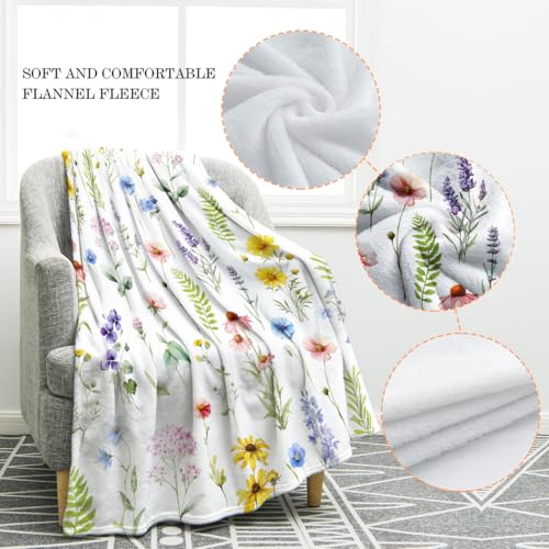 Jekeno Colorful Flowers Floral Blanket Birthday Christmas for Women Kids Girls Mom Wife Daughter Sisters Home Bedroom Spring Decor Soft Cozy Plush Throw Blankets White 50"x60"