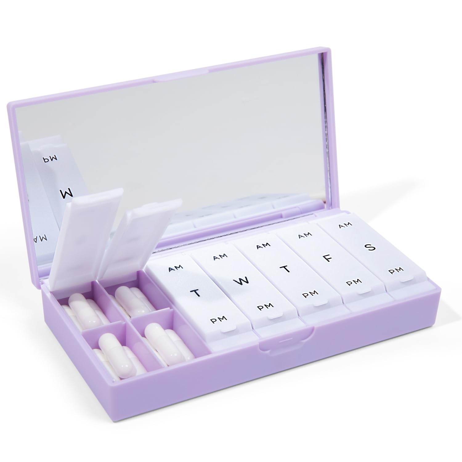 PORT X POLISH Designer Weekly Pill Box Organizer AM PM 2X Daily Lilac Compact Stylish 7-Day Vitamin Supplement