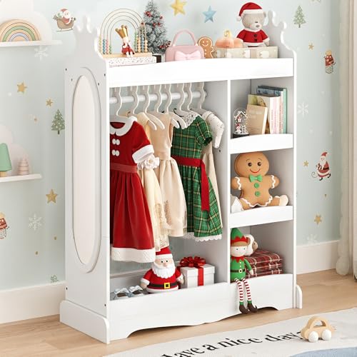 LUE BONA Armario Infantil de Ropa, Ropero con Perchero y estantes, Organizador de Madera con Espejo Entero, Mueble de Almacenamiento de Dormitorio para niño,85 x 34 x 112 cm,Blanco