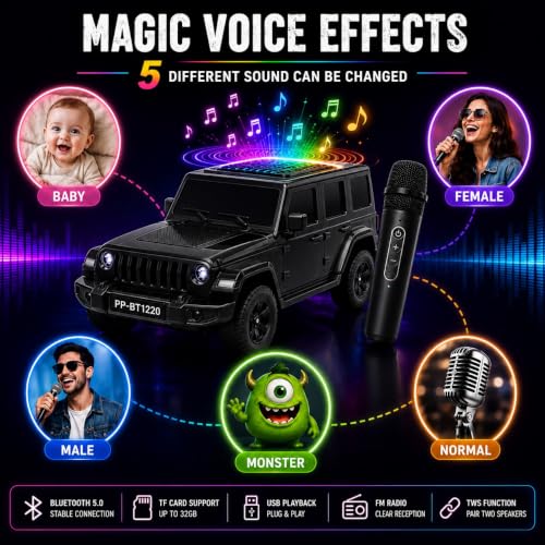 Image of Thar Adventure Edition Car Shaped Bluetooth Speaker with Wired Microphone, 20W Wireless Portable Karaoke Speaker, Bluetooth 5.0, HD Stereo Sound, Rechargeable Music Speaker
