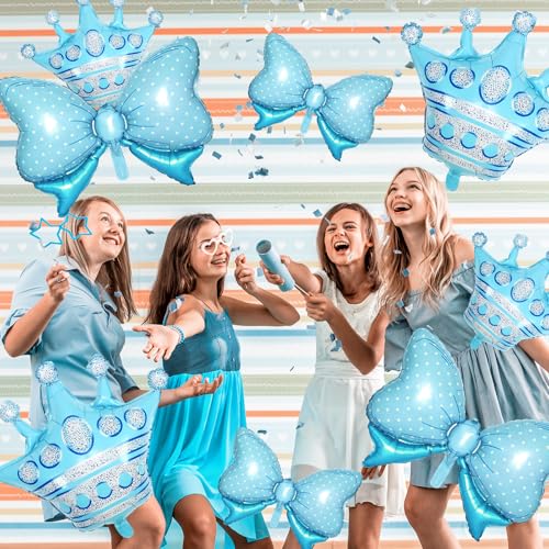 Image of 10pcs Blue Crown Balloons And Blue Bow Balloon, Light Bows Balloons, Large Crown Foil Balloon With Two Sizes For Birthday Baby Shower Theme Party Wedding Bridal Shower Anniversary Decor