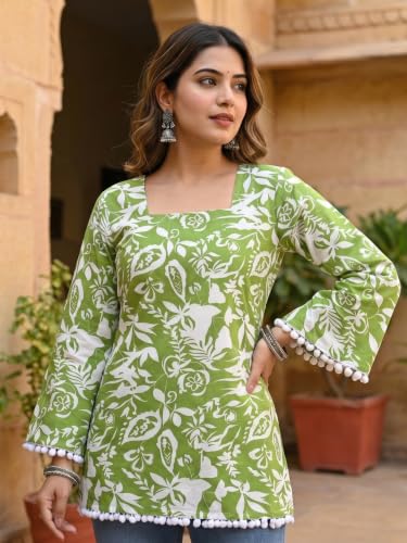 Image of Women's Premium Viscose Rayon Floral Printed Short Kurti | Stylish Bell Sleeves with Pom-Pom Lace | Tunic Top for Jeans & Office Wear