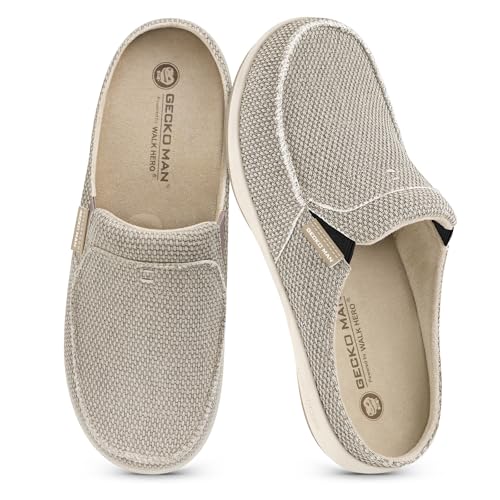 Plantar Fasciitis Slippers for Men with Arch Support, Canvas Orthotic Slipper for Men with Suede Insole and Velvet Lining, Slip on Clog House Slipper with Indoor Outdoor Anti-Skid Rubber Sole, Beige