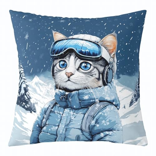 Homewish Cute Skier Cat Pillow Cover 16x16 Inch Winter White Snow Mountain Blue Sky Cushion Cover for Kids Boys Girls Teens Fashion Cool Animal Skiing Theme Cushion Case for Office RV