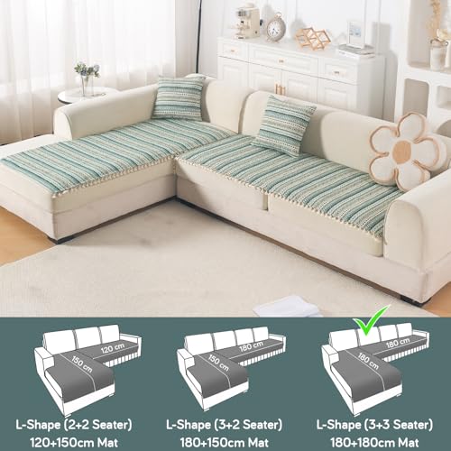 Image of HOKIPO L Shape (3+3 Seater) Sofa Cover Seat Mat | 300 GSM Cotton Acrylic Jacquard Fabric with Tassel, 'Trivana Series' Olive Green (IN-936-J1*2)