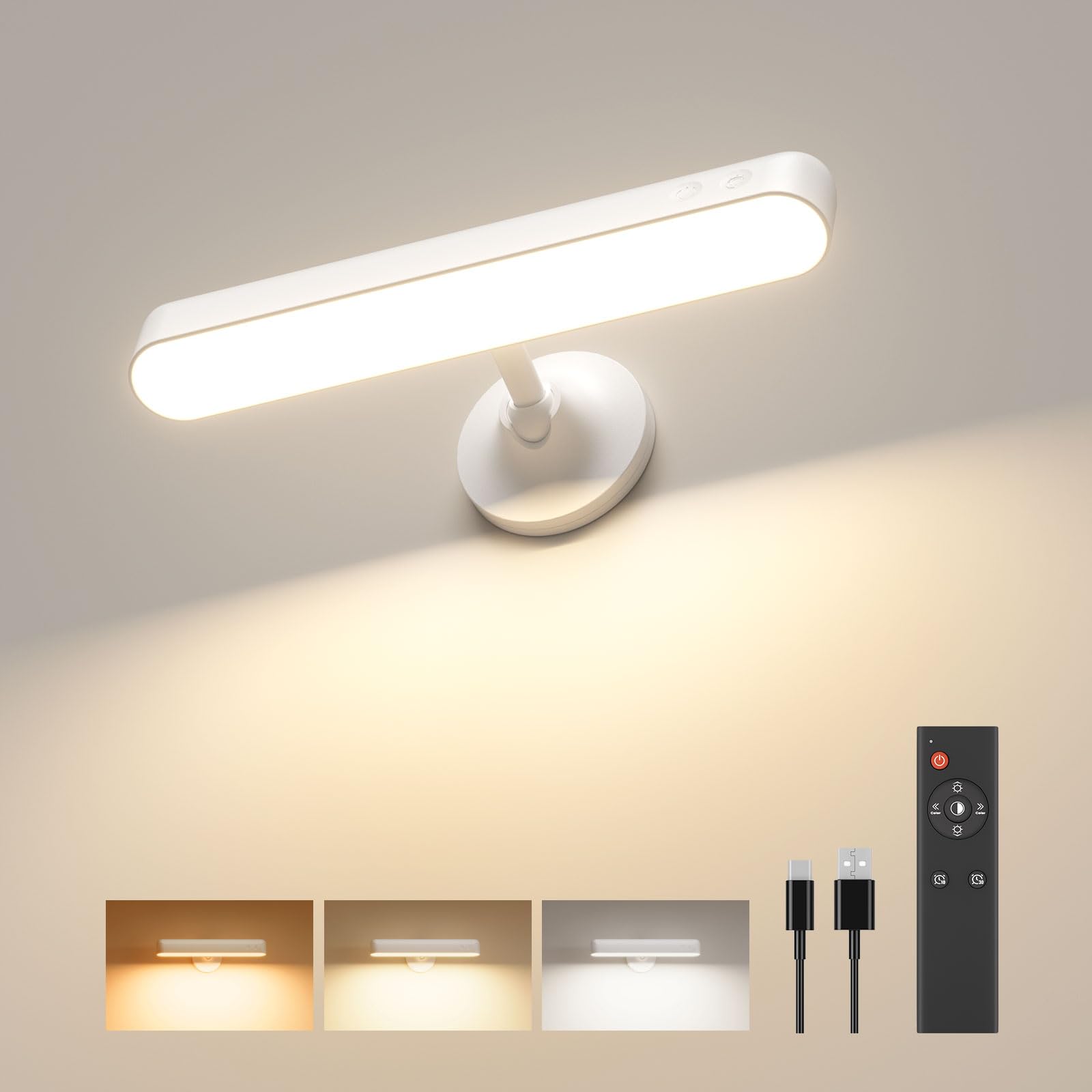 FULNIX Wall Sconce with 7500mAh Rechargeable Battery LED Wall Light for Bedroom with Remote Control, 3 Colors Wireless Wall Lamp 360° Rotate Dimmable Brightness with 15 RGB Colors,White,1Pack