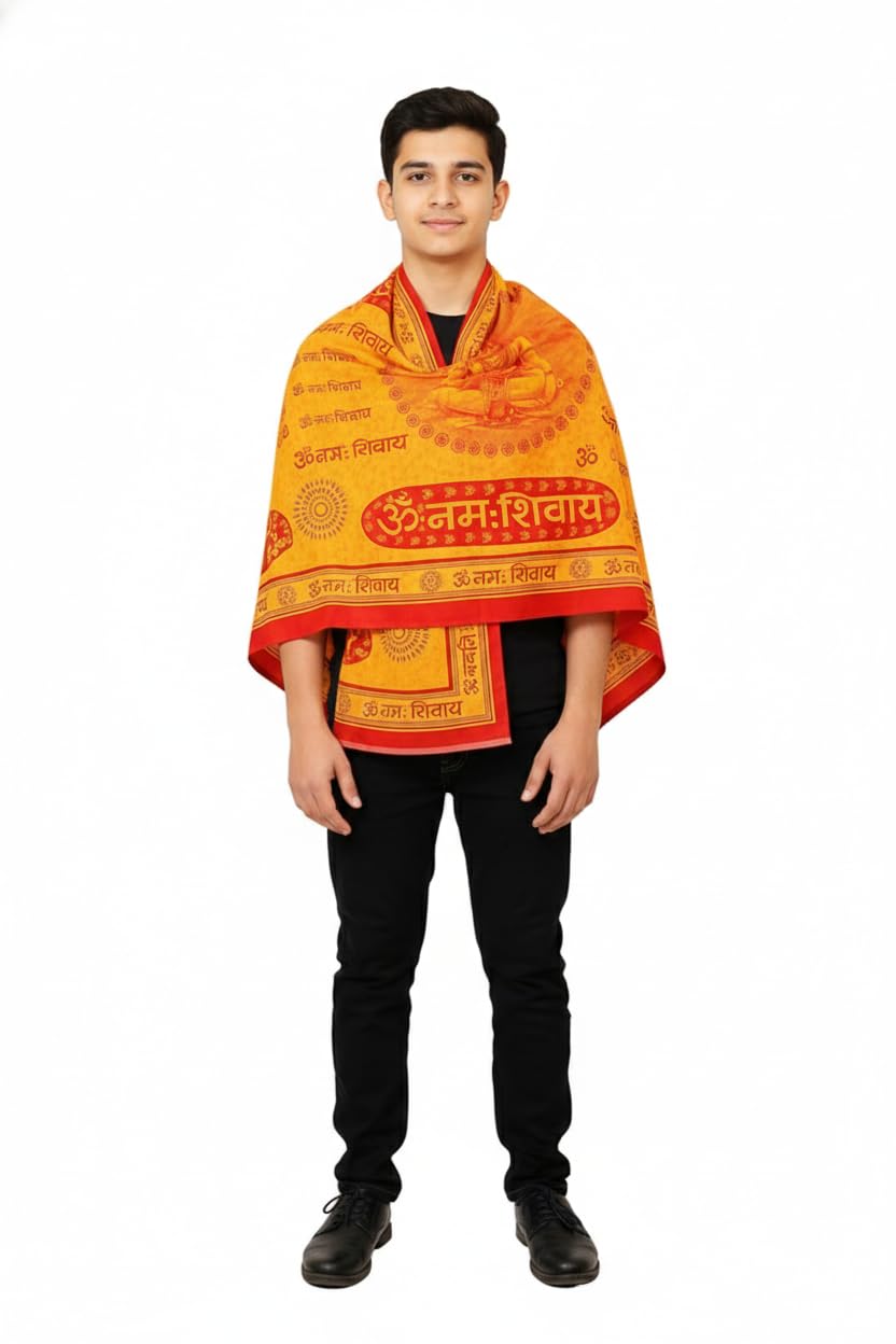 Om Namah Shivaya Religious Shawl Angavastram for Men Hindu Pooja Stole Saffron Cotton Prayer Shawl Shiva Devotional Scarf for Temple Yatra Meditation Festival.-picture-27