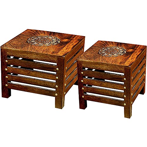 Image of Wooden Stools for Living Room, Sitting Chair for Home, Handcrafted Round Antique Finish | Handmade Table for Office | Home Furniture | Outdoor /Indoor Decor (Square Caving Floral Top Stool, Pack of 2)