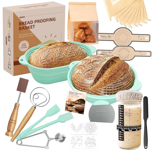 MQFORU Gärkörbchen Für Sauerteig Starter Set, 30Pcs Gärkorb Brot Set, 2 klappbare Silikon Gärkörbe (29cm Oval & 28cm Rund), 730ml Glas, Brot Backen Zubehör für Anfänger & erfahrene Bäcker
