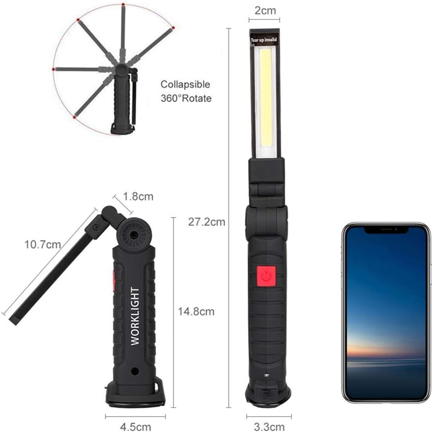 Diagram showing the OTYTY LED Work Light in various folded and extended positions, illustrating its 360-degree rotation and collapsible design, with dimensions.