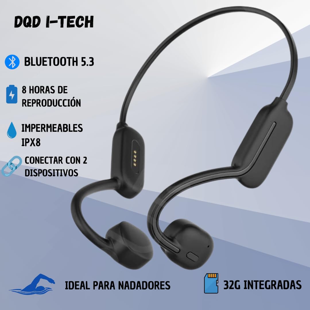 Auriculares de conduccion osea natacion, Impermeables IPX8, Inalámbricos Bluetooth 5.3, MP3, Memoria integrada 32G, Acuaticos, Deportivos y flexibles para natación y actividades al aire libre.
