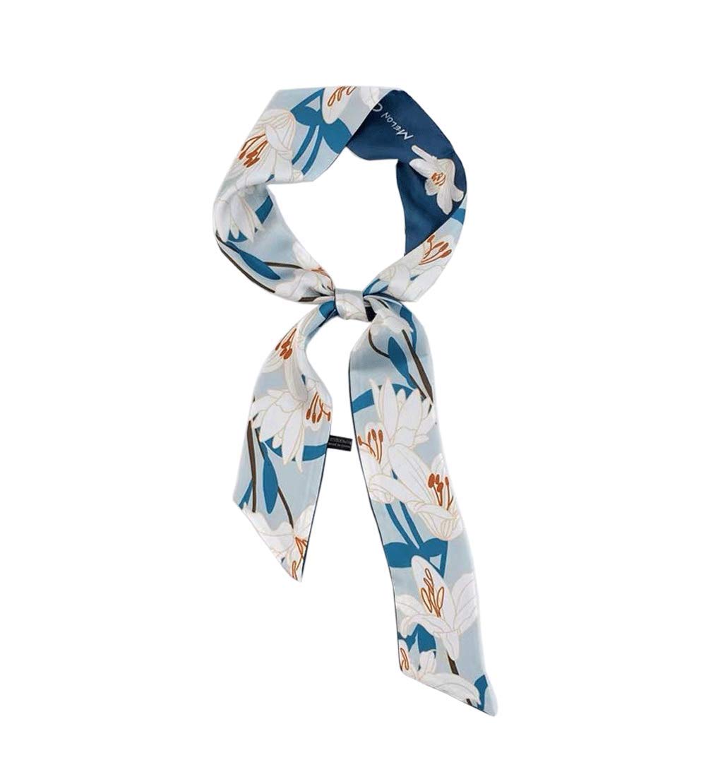 Beloved One Women's Chic Blue Lily Versatile Silk Like Skinny Scarf Narrow Neckerchief ’S Fashion Bag Ribbon Scarf Headbands Trendy Hair Band, 100×6Cm