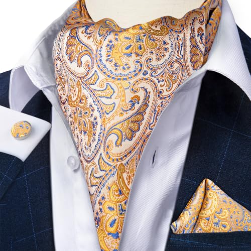 Image of DiBanGu 3PCS Ascot Ties for Men Wedding Jacquard Woven Silk Ascot Cravat for Men Cravat Tie and Pocket Square Set