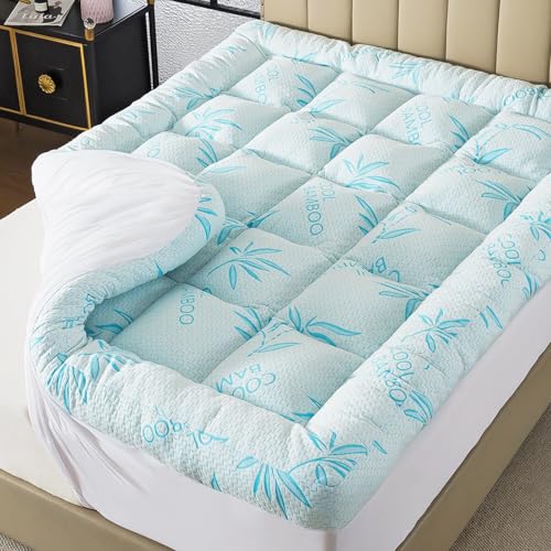 Image of WhatsBedding 5 Inch King Mattress Topper Breathable Bamboo Viscose Air Layer,Memory Foam Mattress Topper King Size Blue.