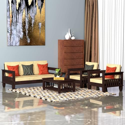 Image of Solid Sheesham Teak Wood Wooden Sofa Set 5 Seater Home Furniture Living Room | (Wooden Sofa Set 3+1+1) |Teak Wood Furniture | Sofa Set 5 Seater | Without Pillow | Cream Cushions