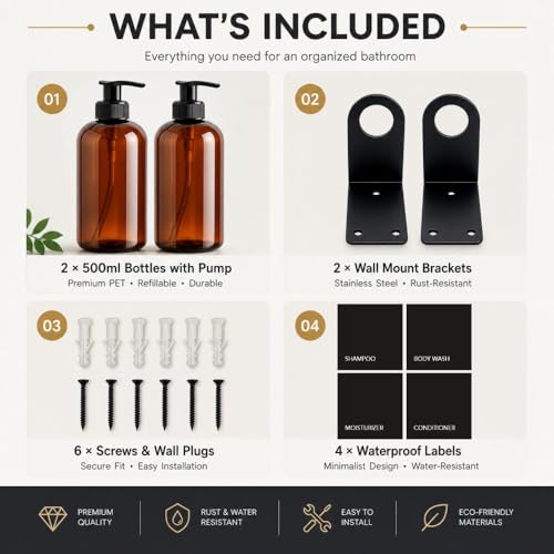Image of Old Tree Refillable Shampoo and Conditioner Dispenser for Hotel Wall Mounted (Pack of 2, 500ML) | Black Metal Organizer with Plastic Bottles & Matte Black Pump | Dispenser for Bathroom & Kitchen