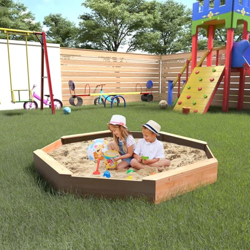 Large Octagonal Wooden Outdoor Sandbox, Outdoor Sandbox with Cover w/ 4 Reinforced Benches for Beach, Patio, Backyard