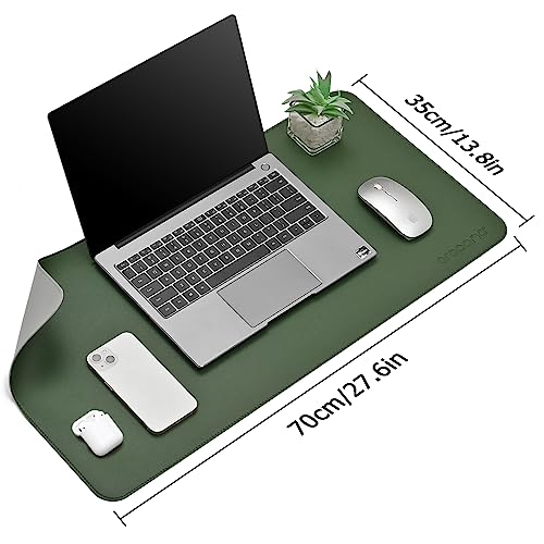 Image of AROPANA Vegan Leather Desk Mat | Large Reversible Mouse Pad & Computer Table Protector | Dual-Side Waterproof Extended Laptop Pad with Edge-Stitched Design (70 x 35 CM, Deep Green & Grey)