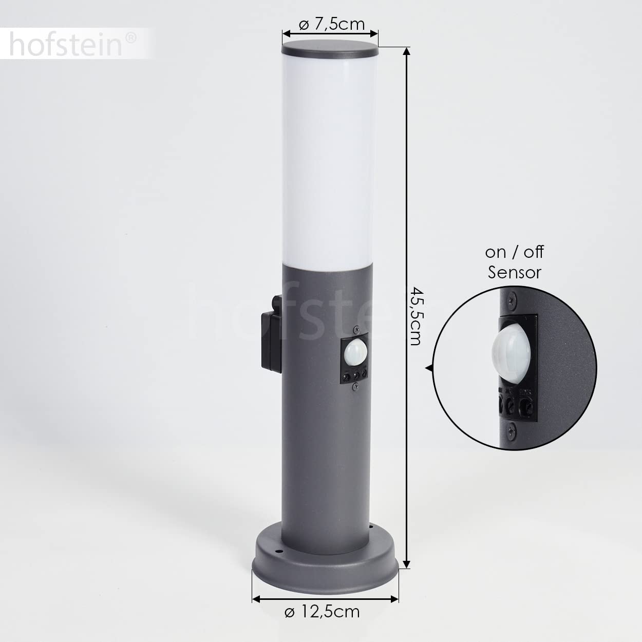 Lampa zewnętrzna Caserta z czujnikiem ruchu i gniazdem, lampa na cokole, metal/tworzywo sztuczne w kolorze antracytowym/białym, oświetlenie ścieżki 45,5cm, lampa ogrodowa, E27, IP44, bez żarówki