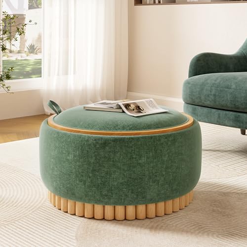 THINK 30 29" Round Storage Ottoman with Solid Wood Legs, Modern Coffee Table with Reversible Lid, Wood Frame, Chenille Fabric Footrest for Living Room, No Assembly Required, Green