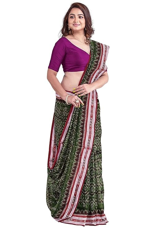 Image of Ikat Women's Cotton Saree, Handmade Pure Cotton Khandua Saree, Ikkat Orissa Traditional Handloom Saree Without Blouse
