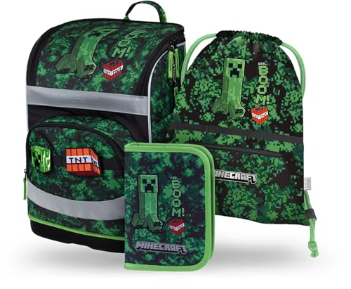 Baagl Schulranzen Jungen Mädchen Set 3 Teilig (Zippy Schultasche für 1. Klasse, Mäppchen, Turnbeutel), Grundschule Ranzen mit Brustgurt, Hüftgurt, Ergonomischer Schulrucksack, 21 l (Minecraft Boom)