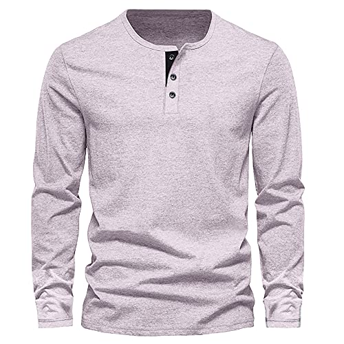 URBAN BUCK Mens Henley Long Sleeve Cotton Casual Lightweight Button Fitted Polo Grey T Shirt (XS)